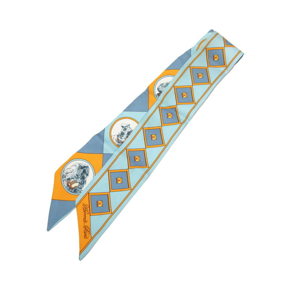 Hermes Twilly Collier et Chiens Scarf/Muffler, Blue/Orange, Silk, Women's